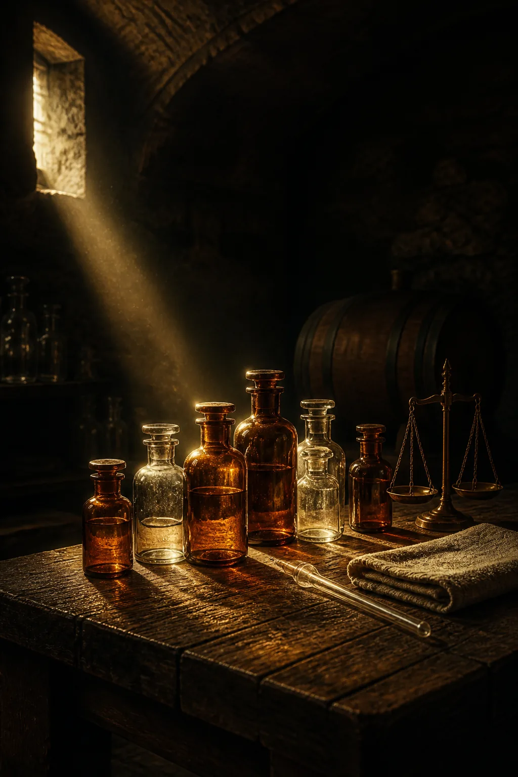 The atelier bench in a stone cellar, apothecary bottles lit by a single shaft of light.
