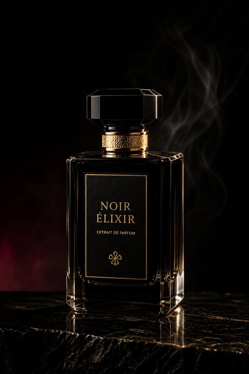 The NOIR ÉLIXIR flacon, black glass with a gilded collar, lit from behind.