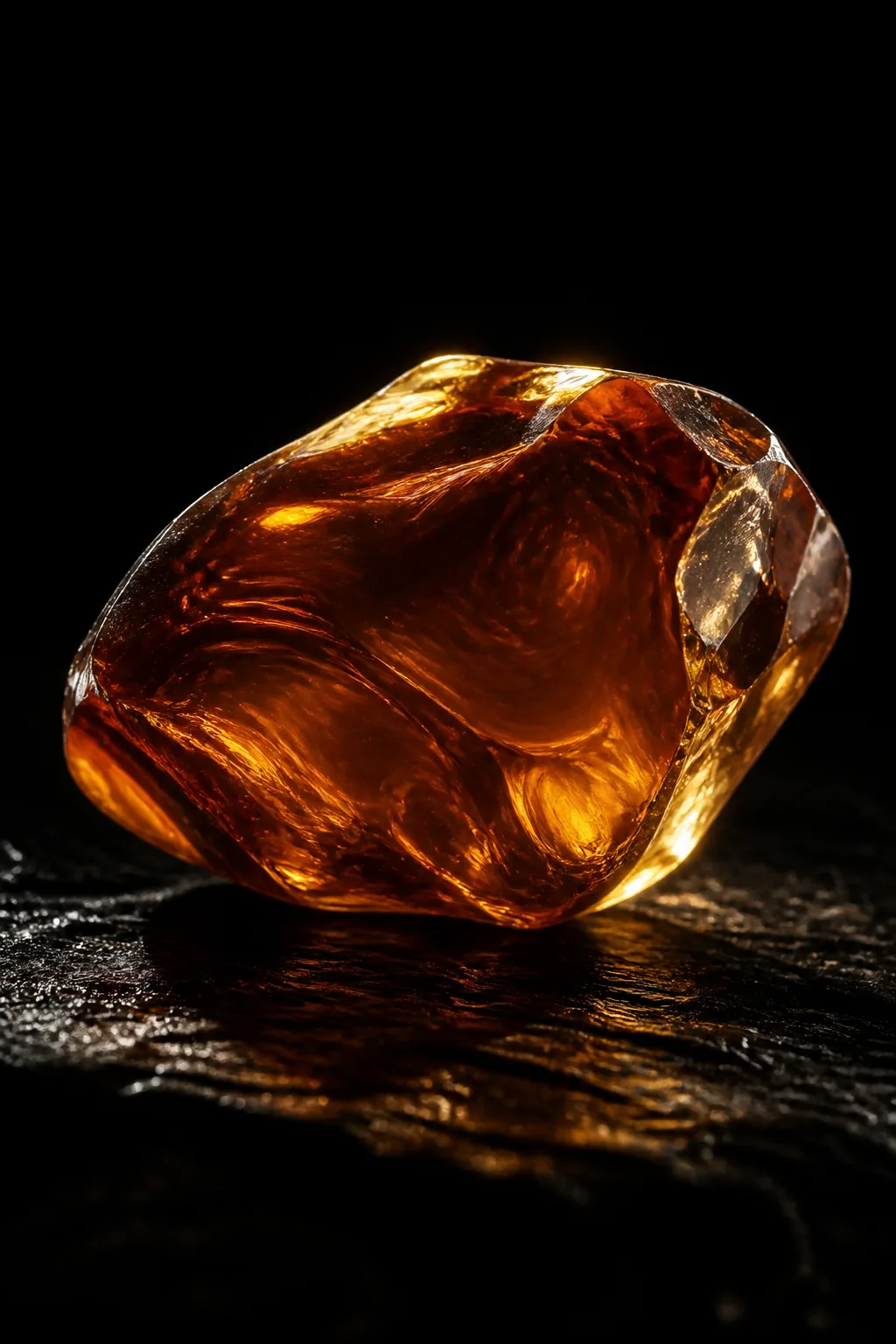A polished chunk of fossil amber lit from within.