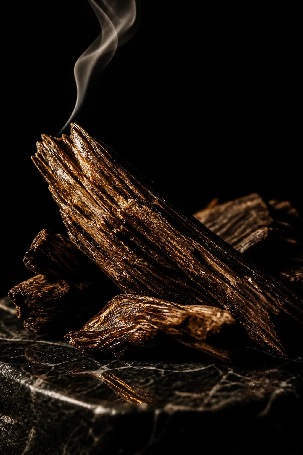 Splintered oud heartwood releasing a thread of smoke.