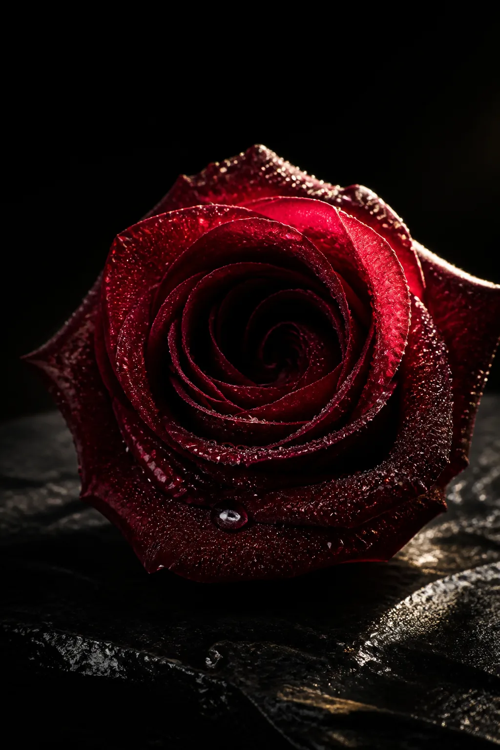 A deep crimson Damascena rose beaded with water.