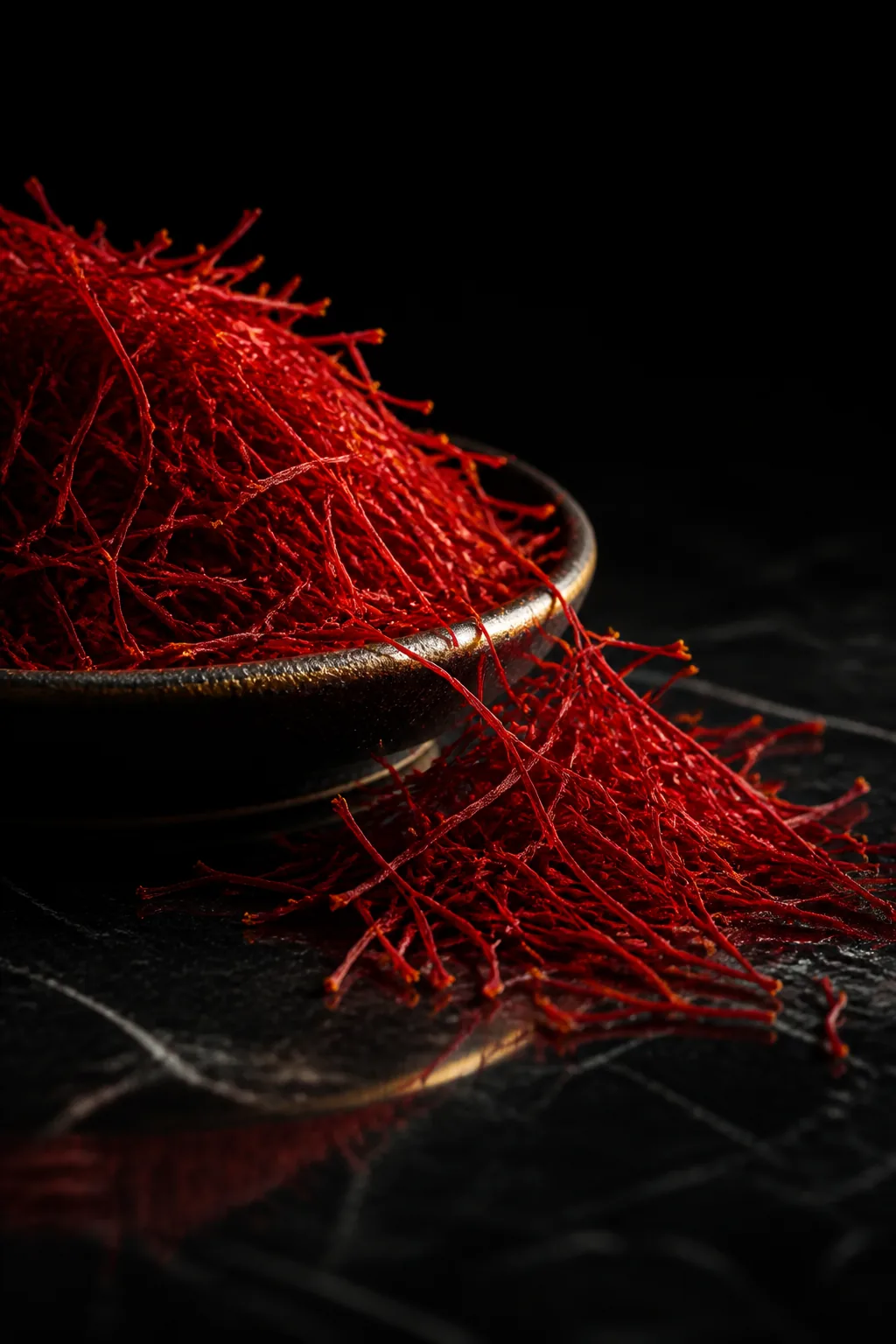 Crimson saffron threads spilling from a dark ceramic bowl.