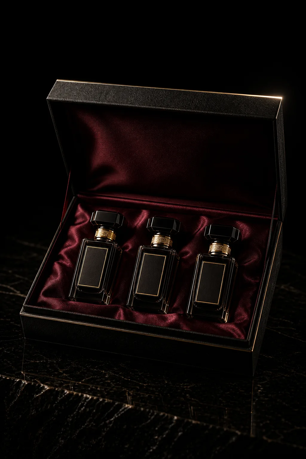 Le Coffret — three travel flacons in a burgundy silk lined case.