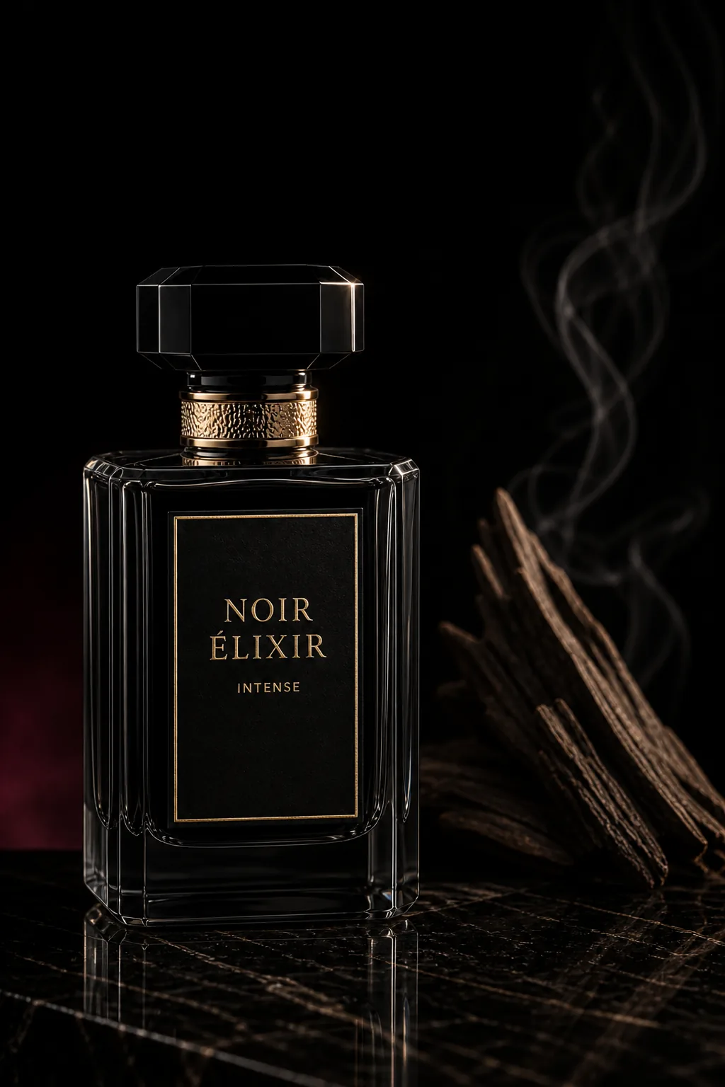 NOIR ÉLIXIR Intense, smoked glass flacon beside oud heartwood.